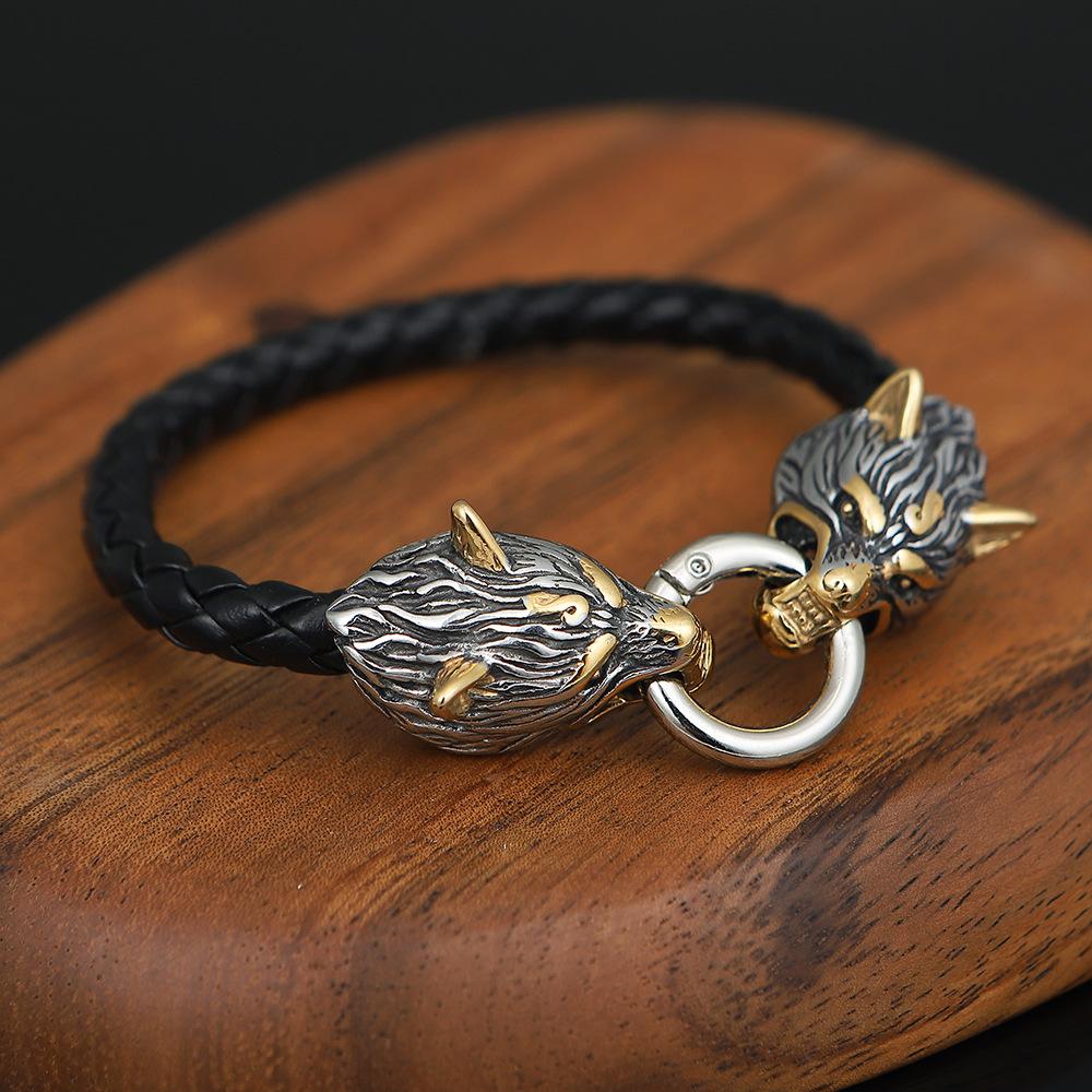 Echtes Leder Explosiver Stil Nordische Wikinger Mythologie Goldener Edelstahl Wolfskopf Armband Herrenschmuck