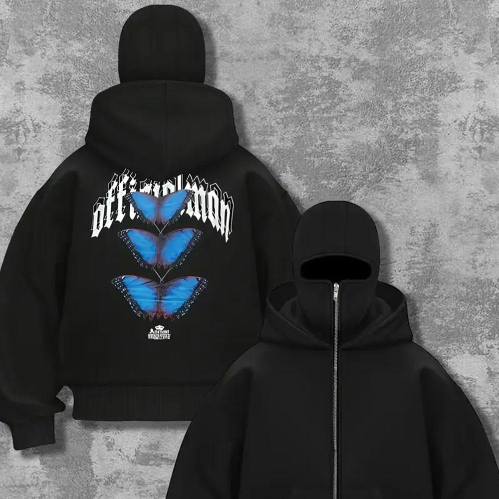 Men's Cool Skull Pattern Hoodie Fashionable Casual Retro Street Style Cool Double Hat Zipper Jacket Horror Style Top