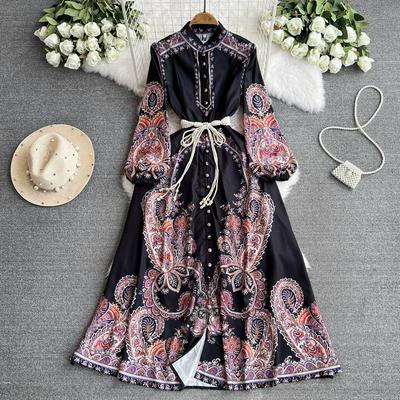 Frühling Herbst Frauen Vintage Palace Print Volle Hülse Große Schaukel Lange Maxi Urlaub Strand Kleider