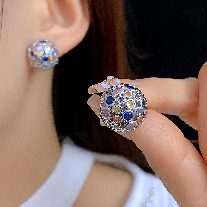 Vintage Spherical Stud Earrings with Colorful Zircon - Retro Court-Style Luxury