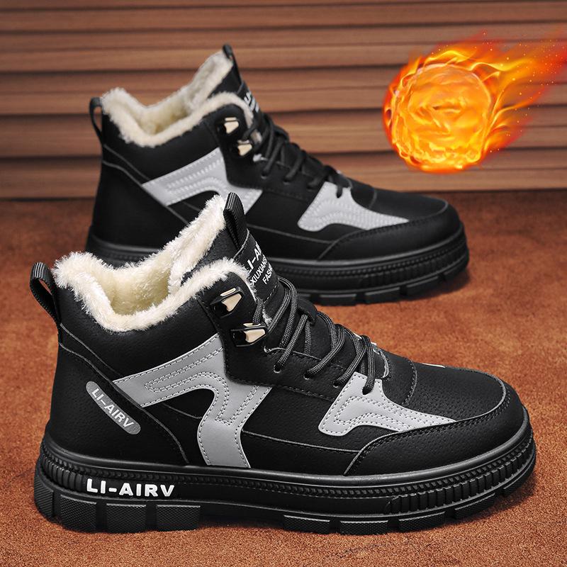 High Top Men's Shoes with Winter Fleece Insulation and Thick Anti Cold Snow Cotton Shoes for Men's Sports Versatile High Top Board Shoes