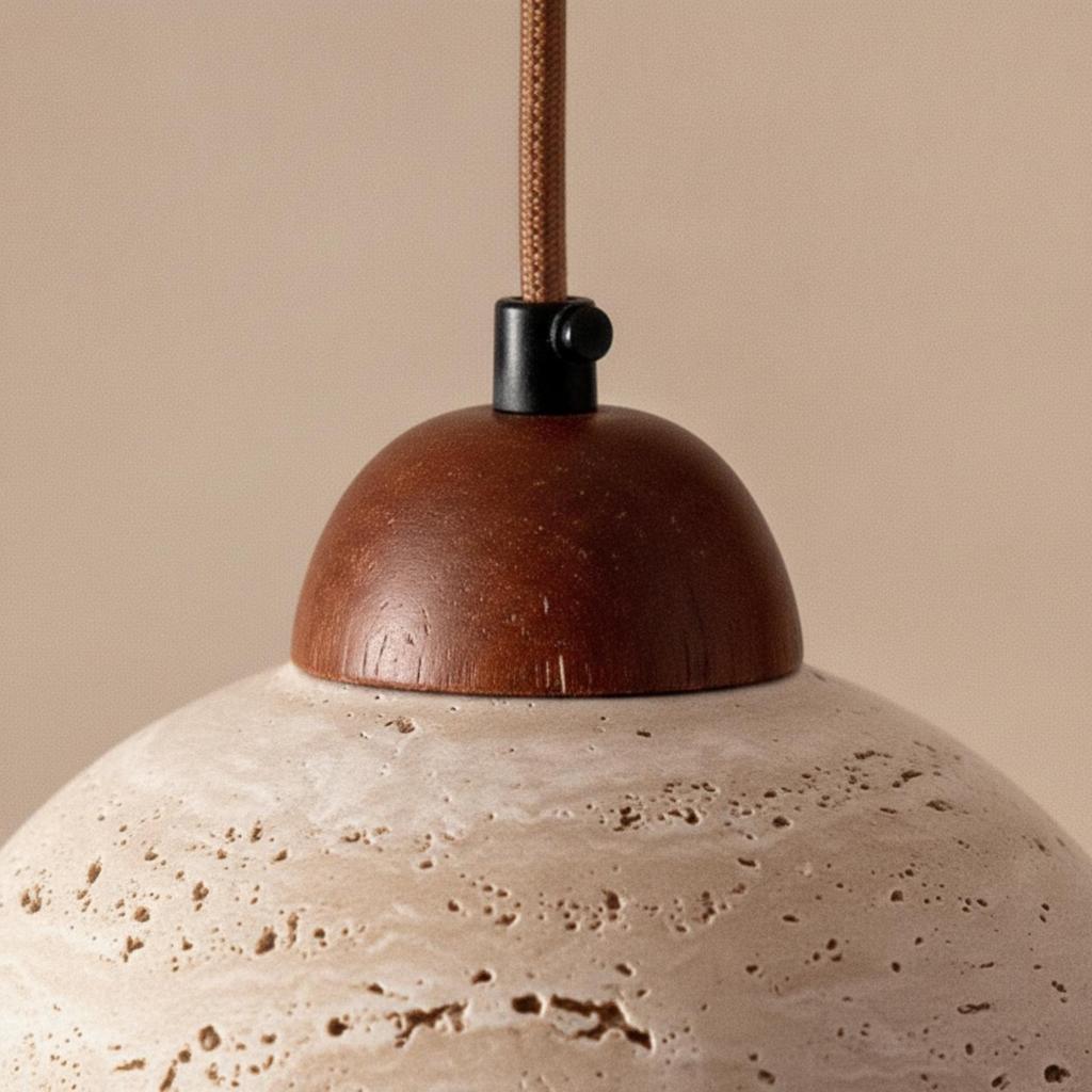 Pendant Lamp with Wooden Top Rustic Minimalism Stone Organic Lighting Fixture for