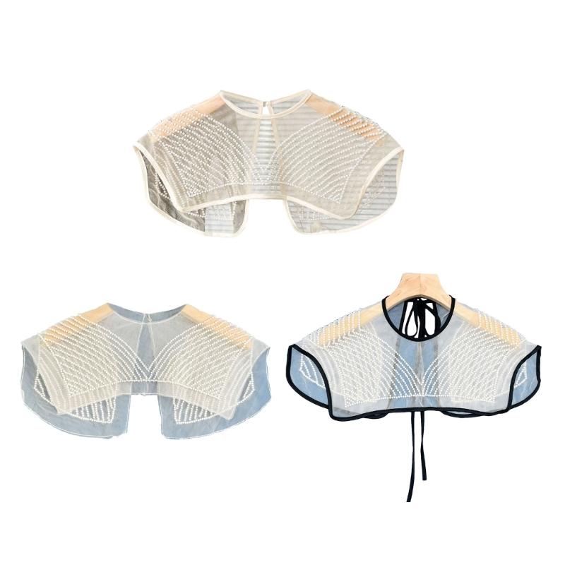 Japanese Women Girl Fake Collar Shawl Scarf Faux Pearls Beading Vintage Shoulder Wrap Sheer Organza Half Shirt Poncho