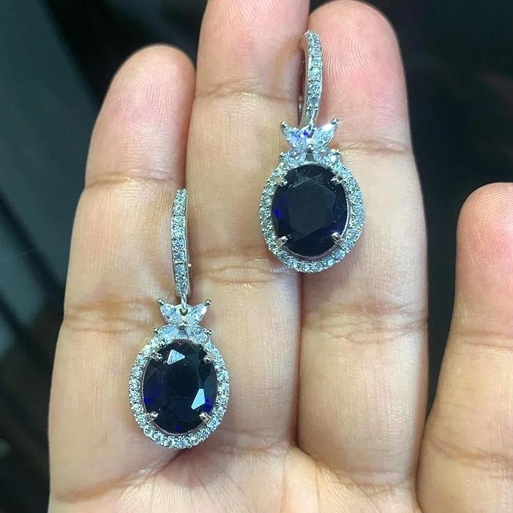 Royal Blue Zircon Oval Earrings Fashionable High-End Design Accessories for Banquets Personalized Simple Zircon