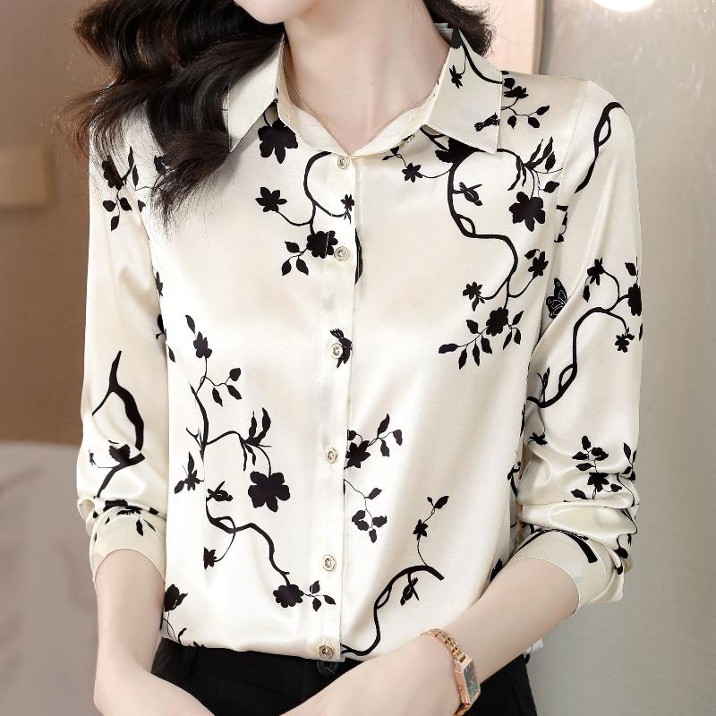 Elegant floral print long-sleeve women s shirt, stylish spring blouse with refined design S