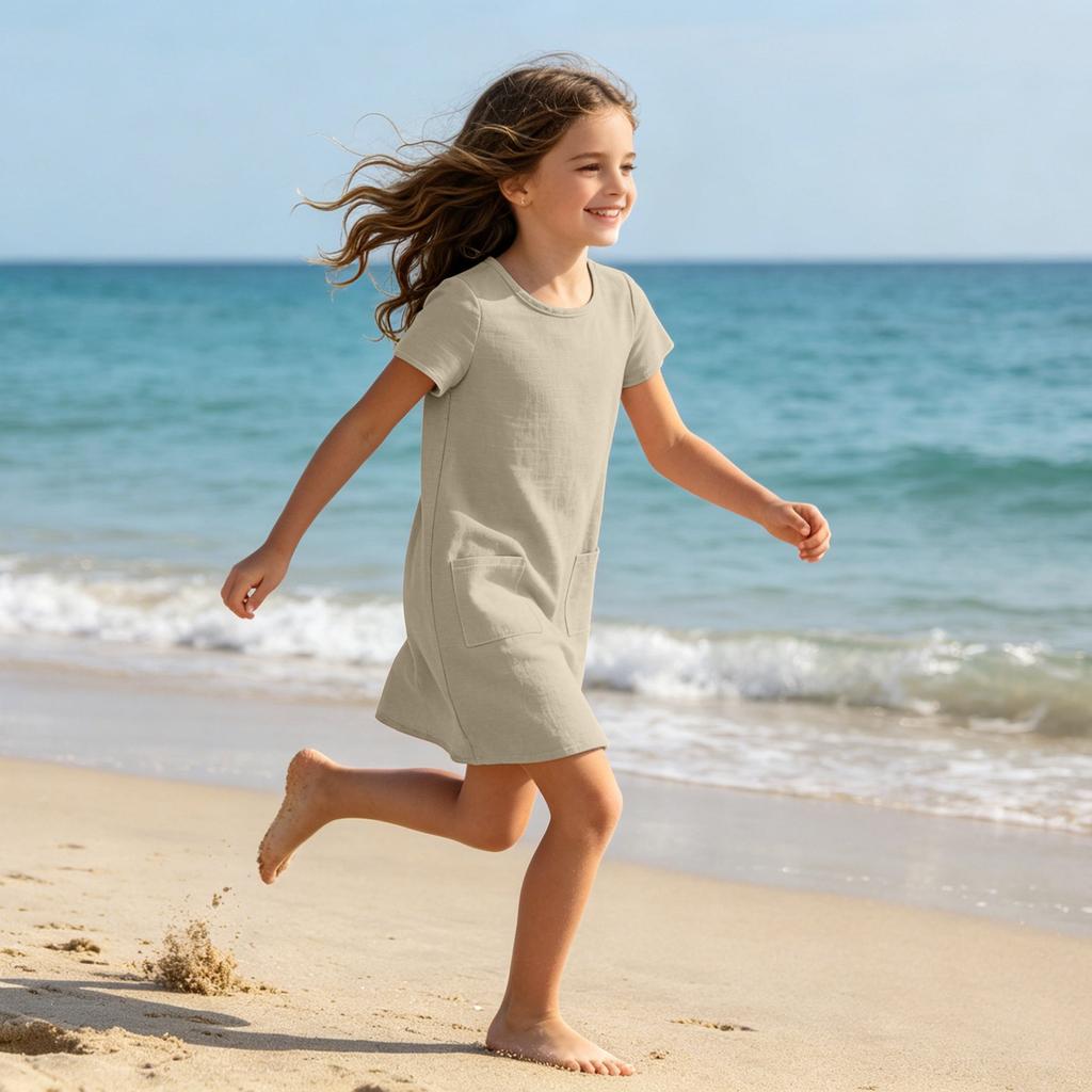 Girls Casual Dress Summer Linen Cotton Blend Short Sleeve Pockets Straight Cut Comfortable Lightweight Dress for Everyday Wear