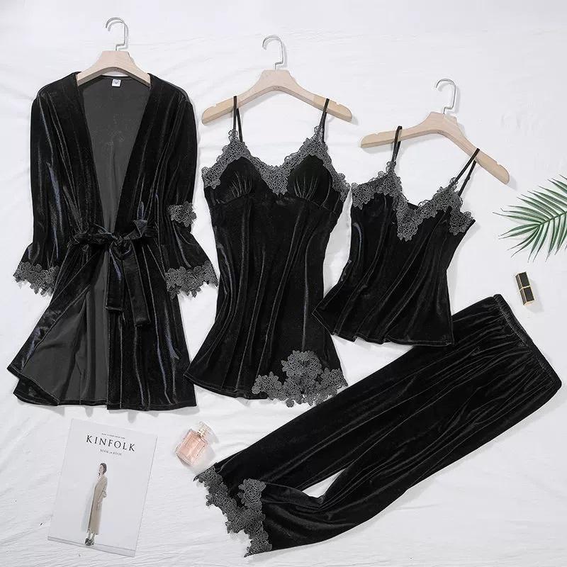 Lässige Velours-Hauskleidung 4-teiliges Schlafset Intime Dessous Damen Pyjama Anzug Langarm Spitze Samt Homewear Pyjama Set
