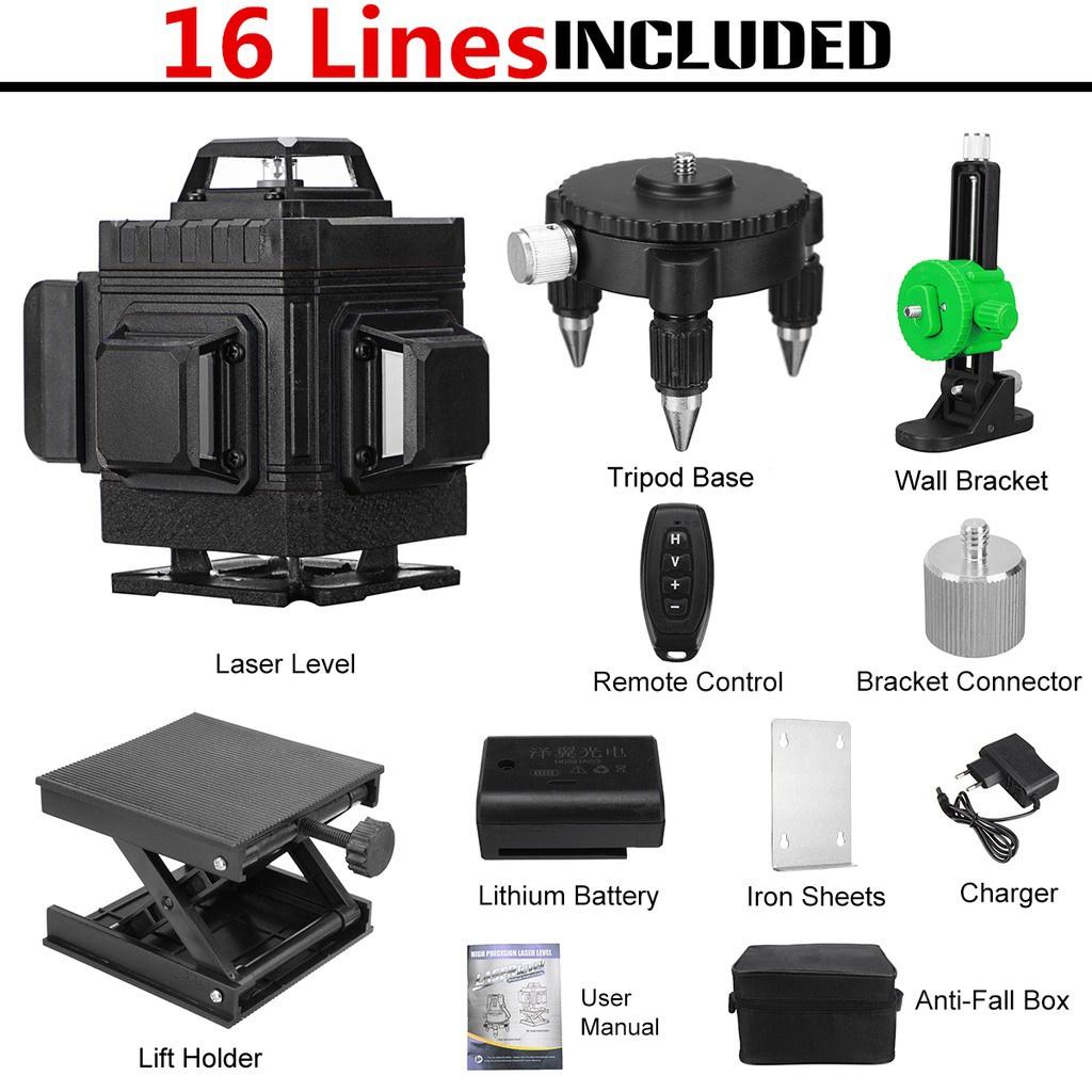 2400mAh 10 PCS 8/12/16 Green Line 4D Light Laser Level 360° Horizontal Vertical Cross Spirit Level Measure Tool Kit