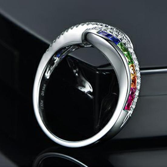 Yousheng Women Ring Shiny Rhinestone Inlaid Sparkling Geometric Electroplating Decoration Gift Rainbow Colored Faux Gemstone Party Ring Jewelry for