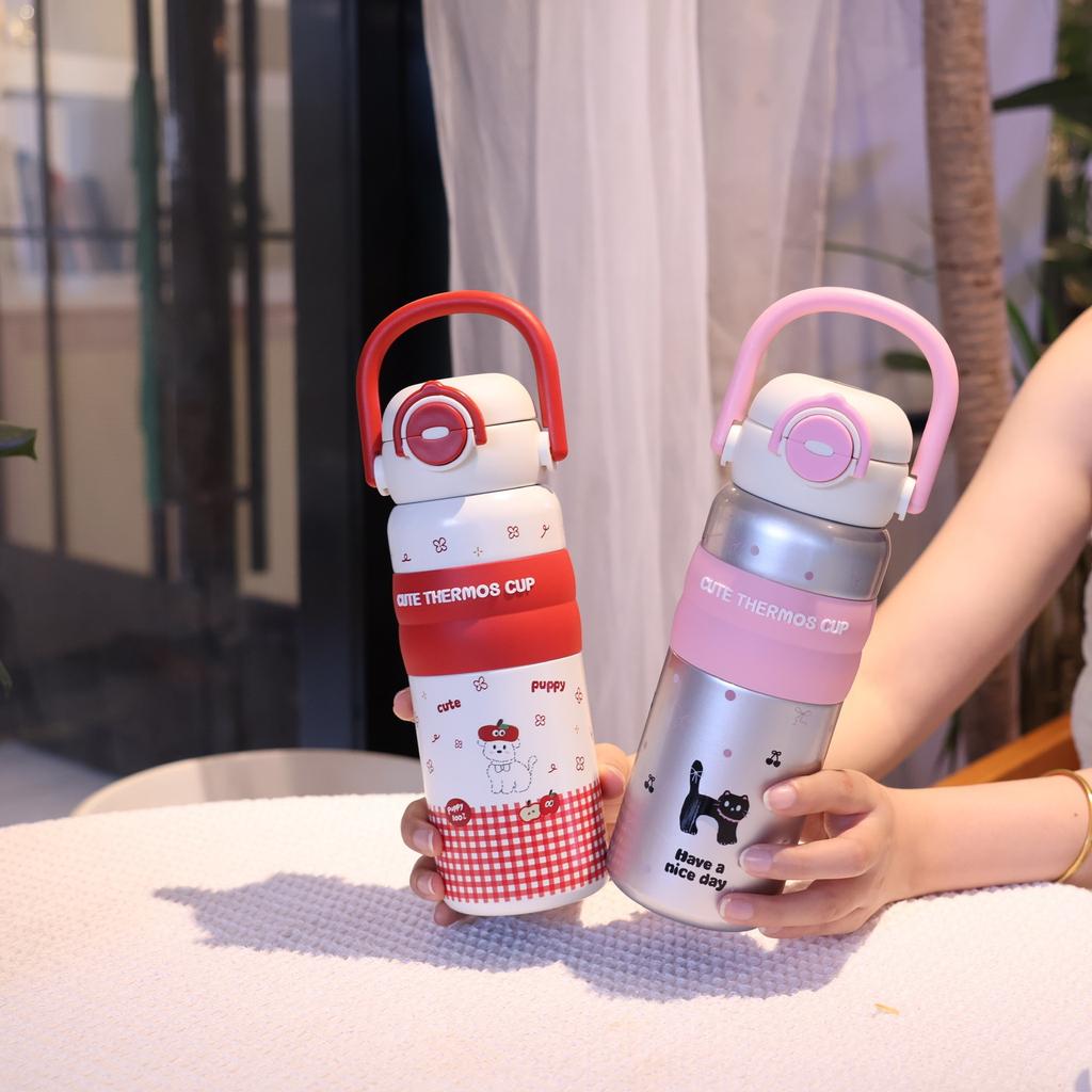 Water bottle111 stainless steel thermos cup large capacity 1D printing female student straw cup hot and cold cartoon carrying water cup
