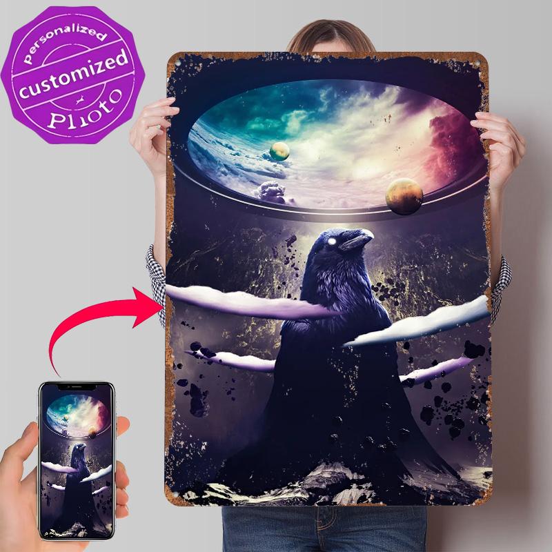 Raven in the Space Printed Poster Customized Wall Art Retro Vintage Metal Tin Signs for Decoration Home Decor Items Wand Deko