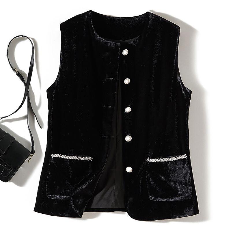 

Pearl Buckle Beads Pockets! Princess Fan Women round Neck Gold Velvet I-Shaped Vest Autumn and Winter Stacked Outerwear White Black L