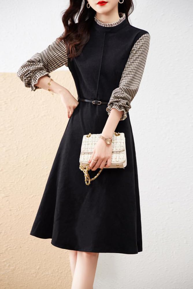 Seira Midi Long Flared Check Ruffle Spring Women's Dress, Sleeve, Dress, Pattern, Neck, A-Line, Stylish, Elegant, Fall, Winter,
