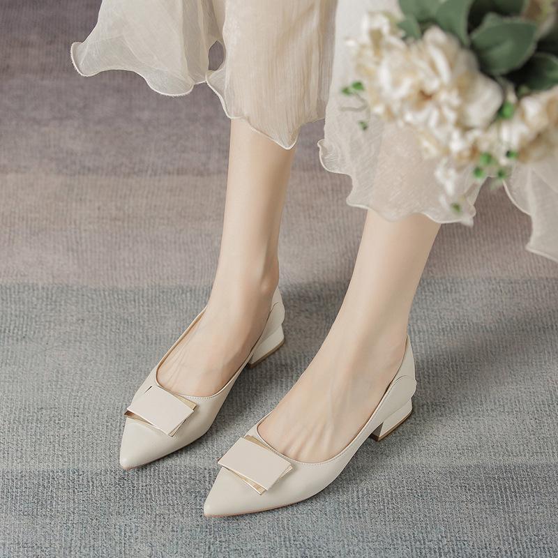 Women's Soft Leather Pointed Toe Mid-Heel Buckle Shoes for Spring/Autumn