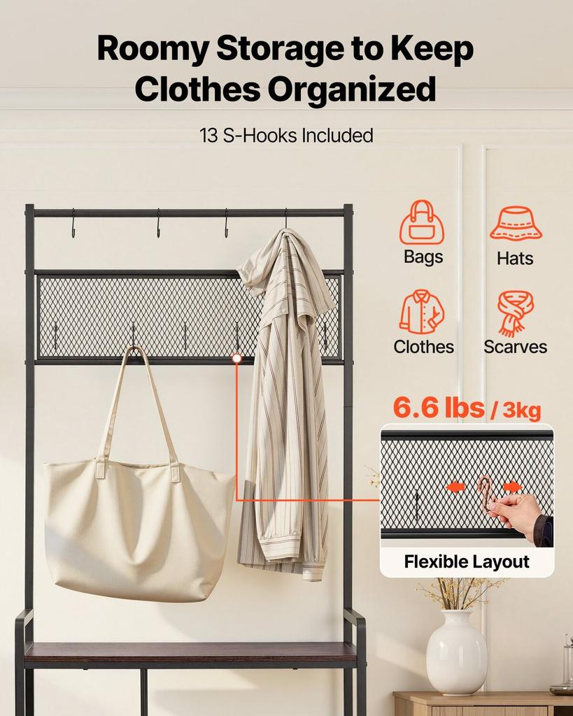 Hall Tree, 1800 mm Coat Rack with Shoe Storage, Freestanding 4-Tier Shoe Rack Organizer with Hooks, Side Pocket and Wire Shelf, Steel Frame Entrance
