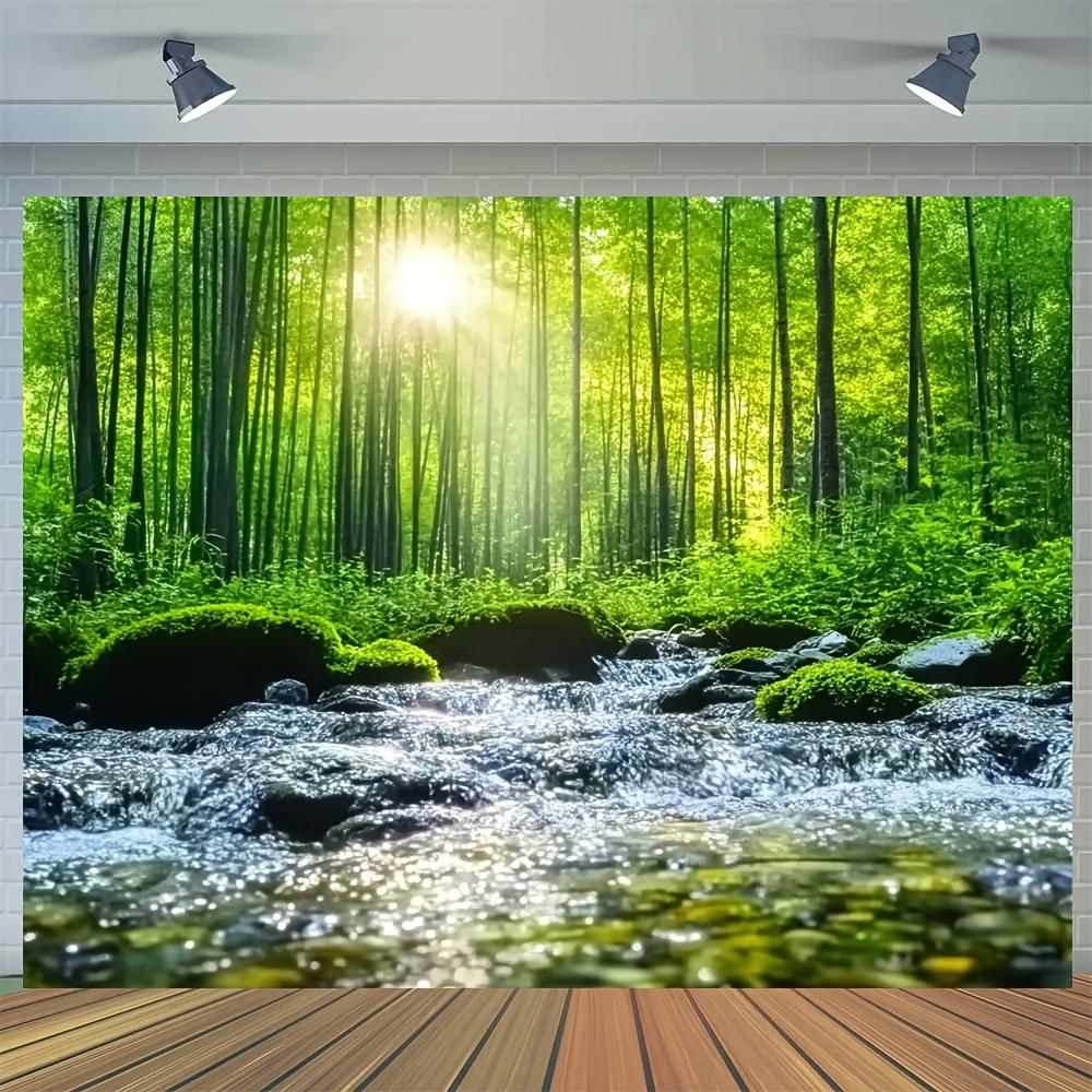 1 Piece Dense Forest Morning Sunrise Photography Background - Reusable Vibrant Green Trees and Stream Scenes