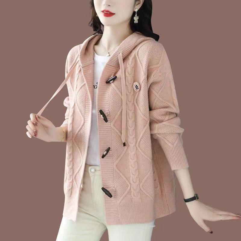 Corner buckle knitted cardigan women's early autumn new autumn and winter thickened lazy loose top sweater women