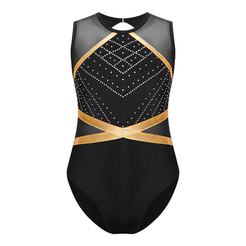 Girls Sparkle Rhinestone Gymnastics Leotard Keyhole Back Patchwork Sleeveless Bodysuit Figure Skating Dance Wear