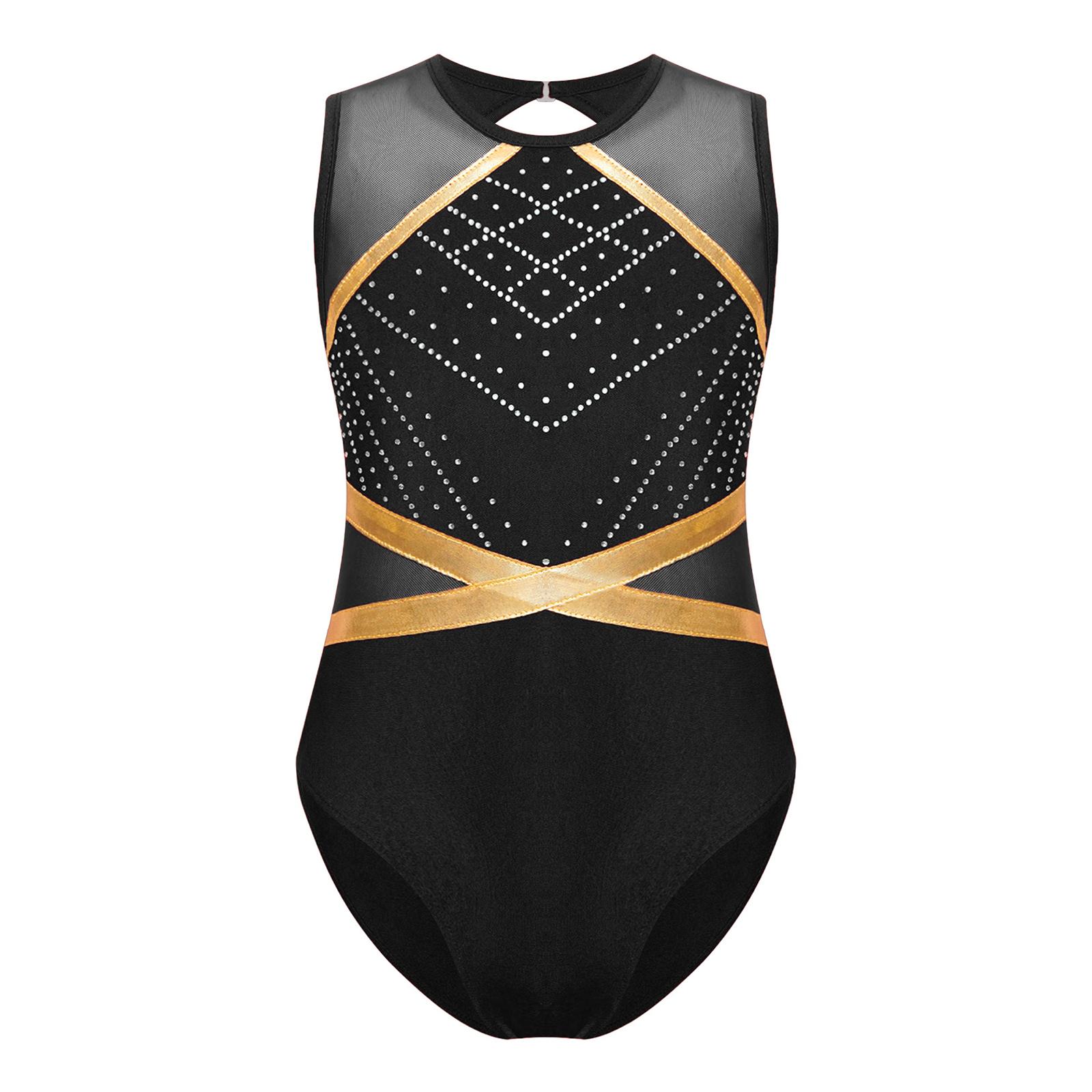 Body da Ginnastica da Bambina Scintillante con Strass, Schiena con Foro, Patchwork, Senza Maniche, per Pattinaggio Artistico, Danza 9-10 Years