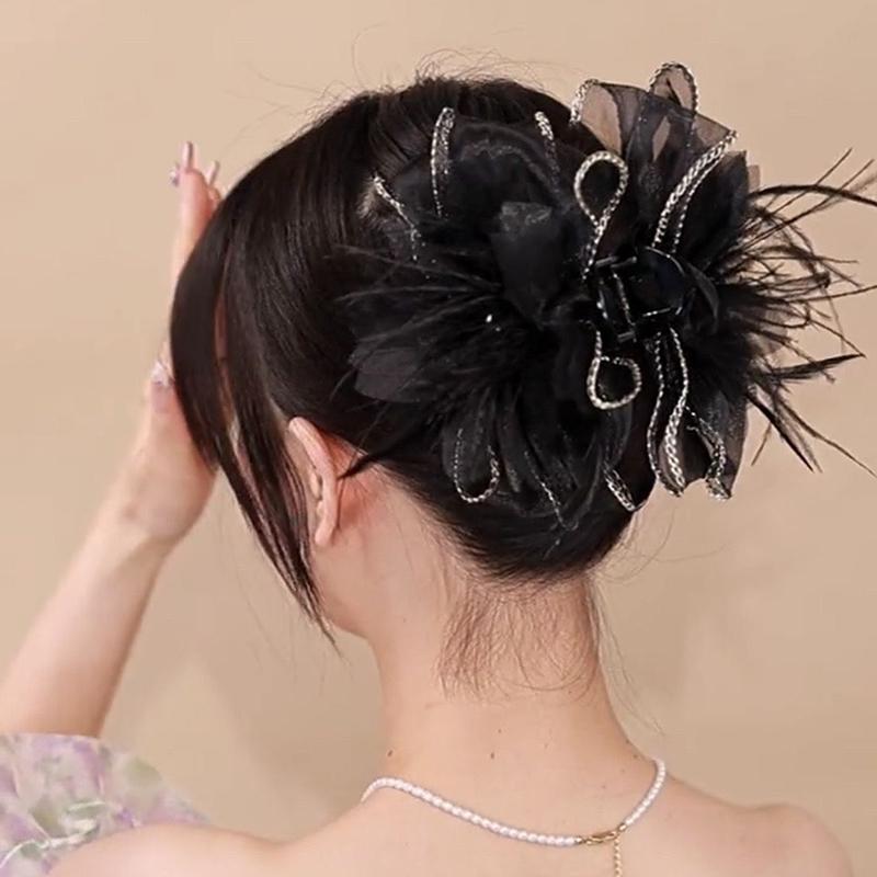 Korean Mesh Feather Clip Hairpin Large Hair Clip Black Fluffy Fur Hair Claw Shark Clip Ponytail Clips Hair Accessories
