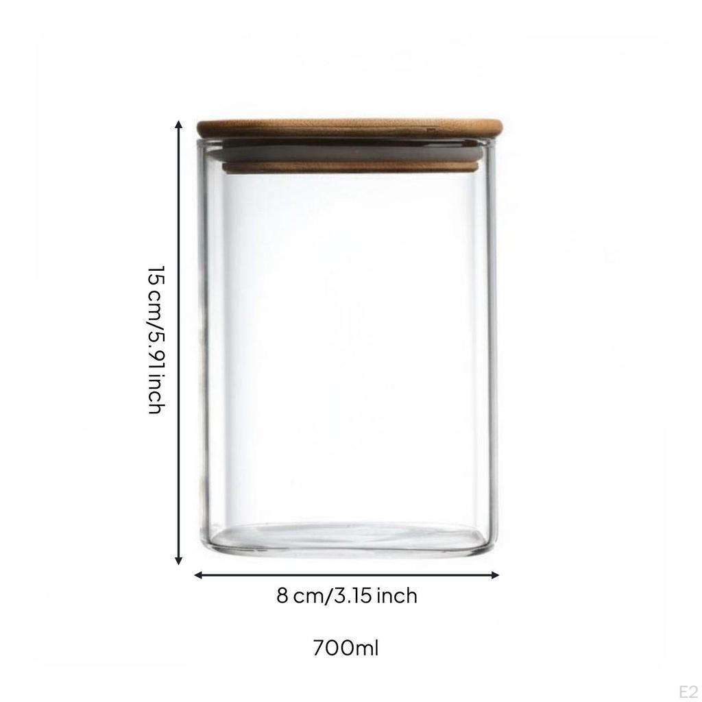 Square Glass Jar Transparent Body Food Storage SpaceSaving Airtight Canister with wood Lid