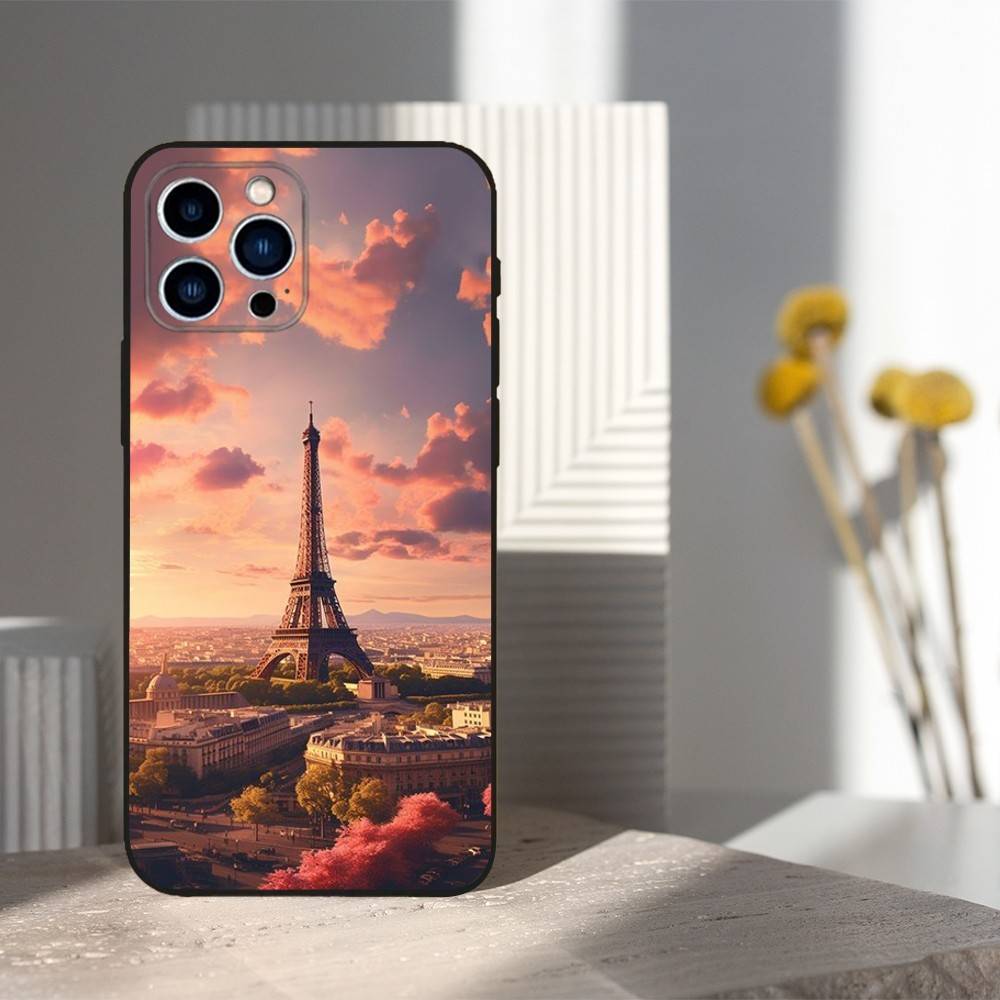 Paris landscape Eiffel Tower For iPhone 12,16,11,14,15,17,13,X,Mini,SE,XS,Plus,Pro Max,8,7,XR,Soft Silicone Black Case