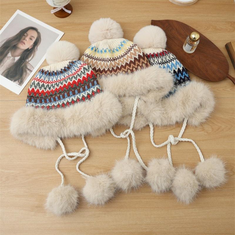 Ethnic Style Furry Warm Hat Women's Winter Plush Thickened Hairball Cold Hat Outdoor Ski Hat