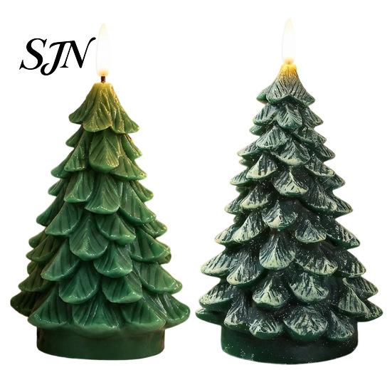 Snow Texture Candles Christmas Tree Candles, Flameless LED Flickering Wax with Remote Control, Led Flame Battery Operated Realistic Pine Decor