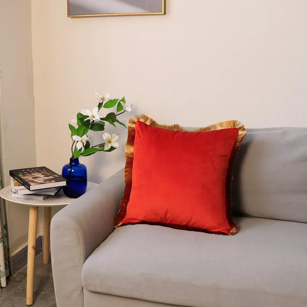 Velvet Cushion Cover with Gold Tassels Edge, Monochromatic Pillowcase, Decorative Sample Room, Bed and Sofa