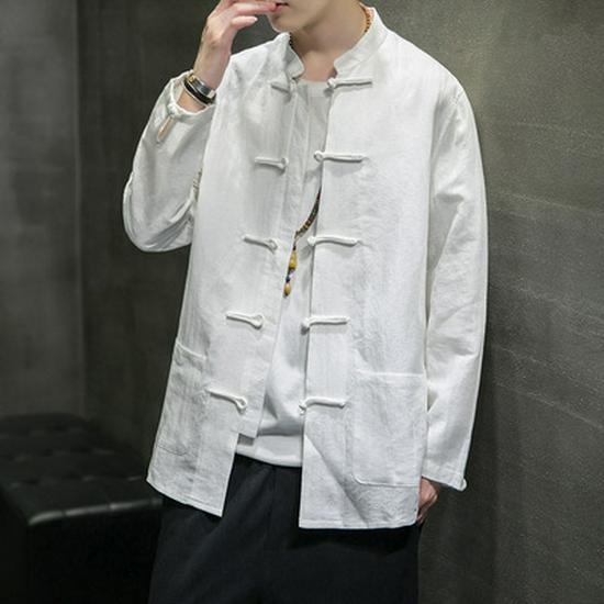 

Мужская осенняя рубашка-куртка в китайском стиле из хлопка и льна со стойкой 5XL