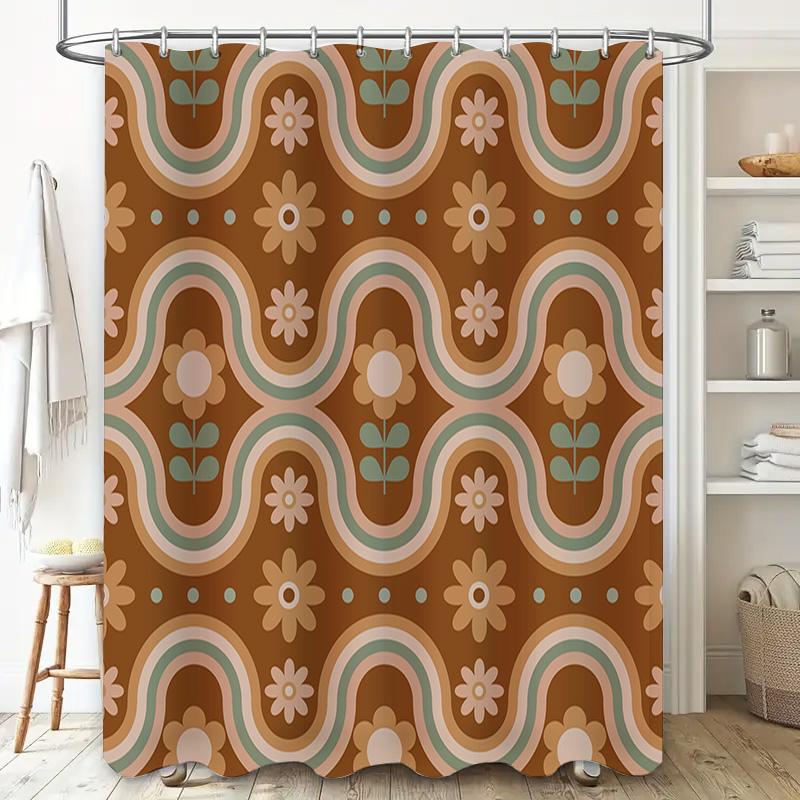 Unique Retro Floral Shower Curtain with Wavy Patterns Perfect for Bathroom Decor!