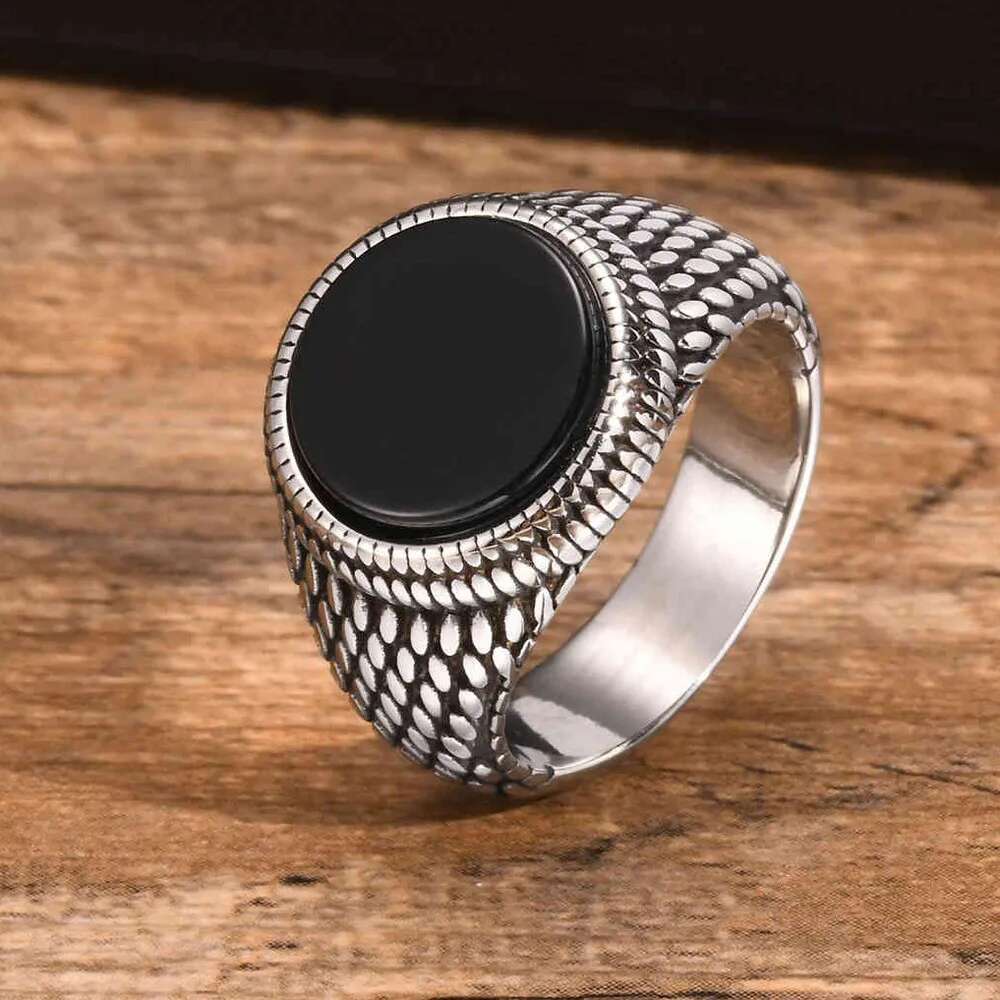 Prjewel Round Tiger Eye Stone Top Finger Band Black Zircon Stainless Steel Stamp Ring Dragon Scales Textured Signet for Men