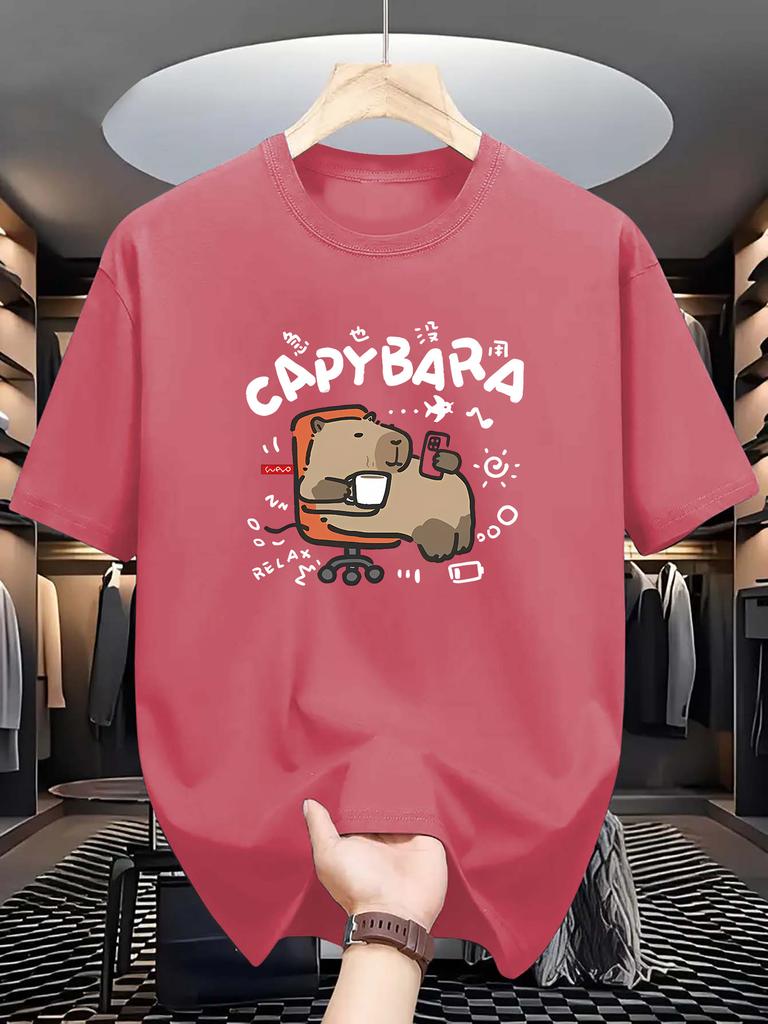 [ Capybara Tee] Breathable  Men's Capybara Graphic Tee - Casual & Comfortable Short Sleeve T-Shirt for Summer, Machine Washable