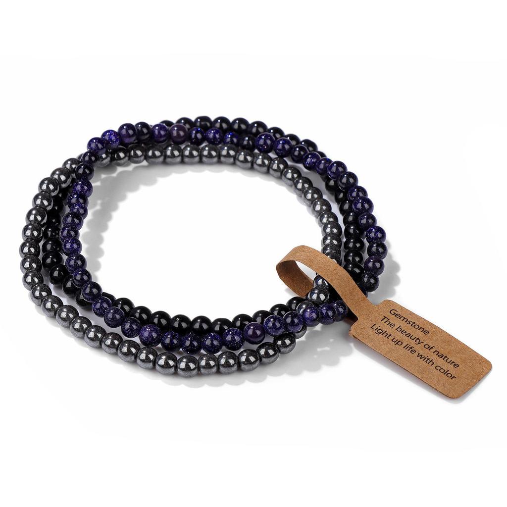Braccialetti Elastici con Perline di Pietra Naturale da 4 mm (3 Pezzi) per Donna Uomo Agate Muschiate Quarzi Rosa Set di Braccialetti Elasticizzati con Etichetta Gioielli