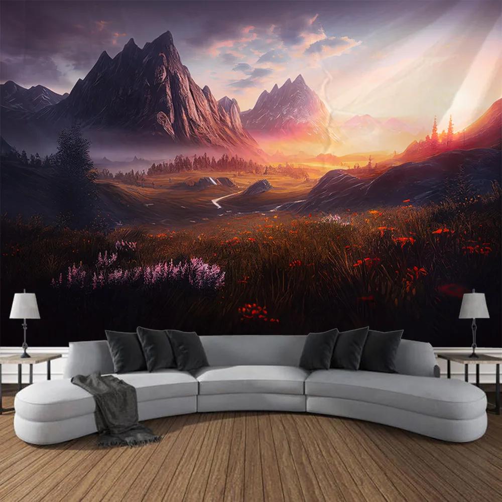 Dreamy Landscape Tapestry, Grassland Forest Wall Hanging Cloth, Living Room And Bedroom Background, Aesthetic Home Decoration