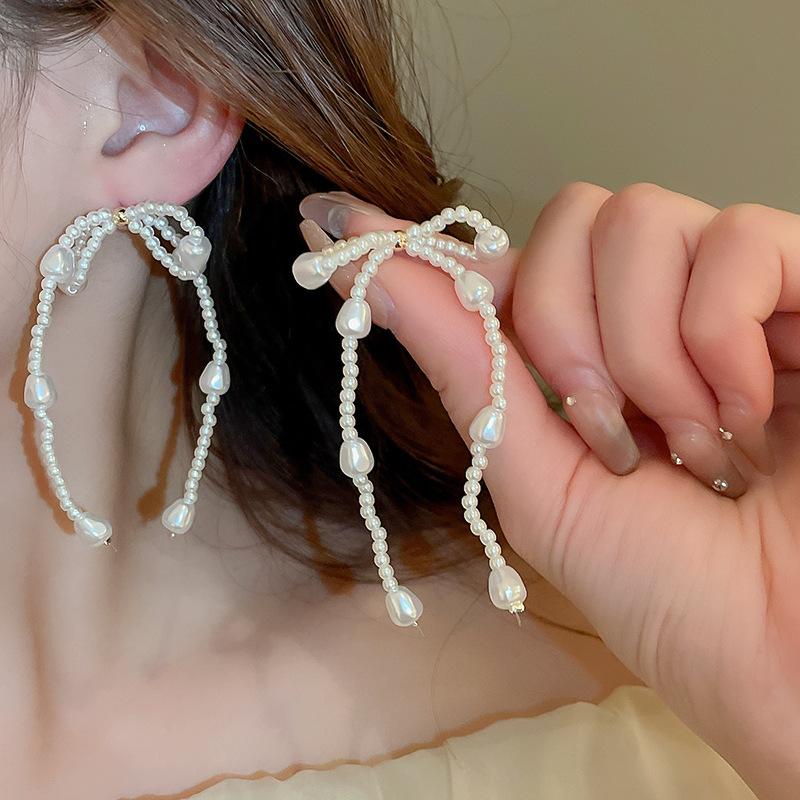 Korean Pearl Bow Tassel Earrings Handmade Pearl Beads Long Earring for Women Wedding Jewelry Temperament Dangle Ear Ring
