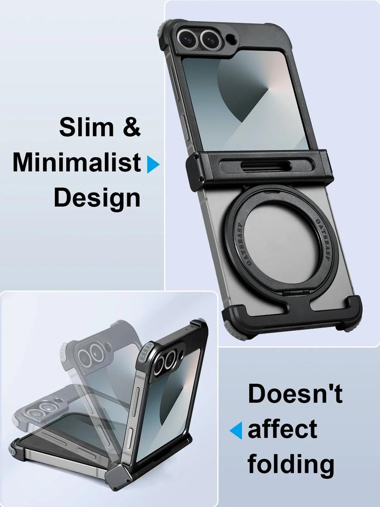 Oatsbasf Metal Frameless Phone Case for Samsung Galaxy Z Flip 7/6 with 360°Rotation Ring Stand Bumper Protective Z Flip 7 6 Case