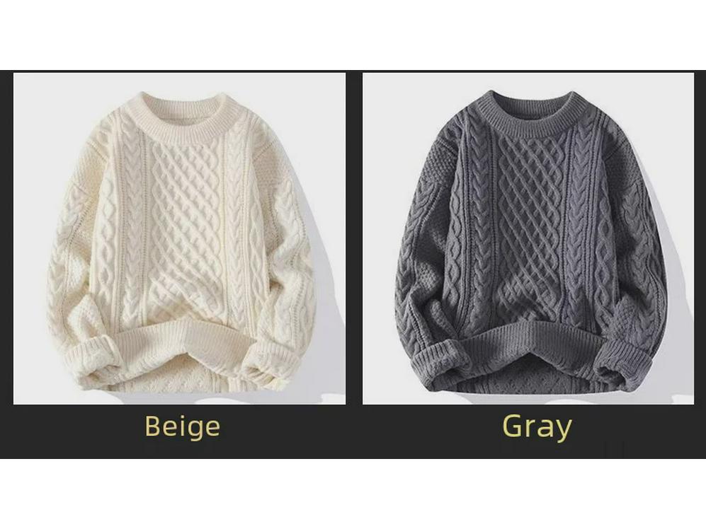 Men's Winter Cable Knit Sweater: Casual, Solid Color, Light Mature Style, Round Neck Pullover.