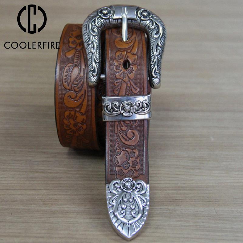 Women's Belt Vintage Top Layer Leather 100% Cowskin High Quality Casual Fashion Jeans Belt Engraved Leather Belt for Women PK009