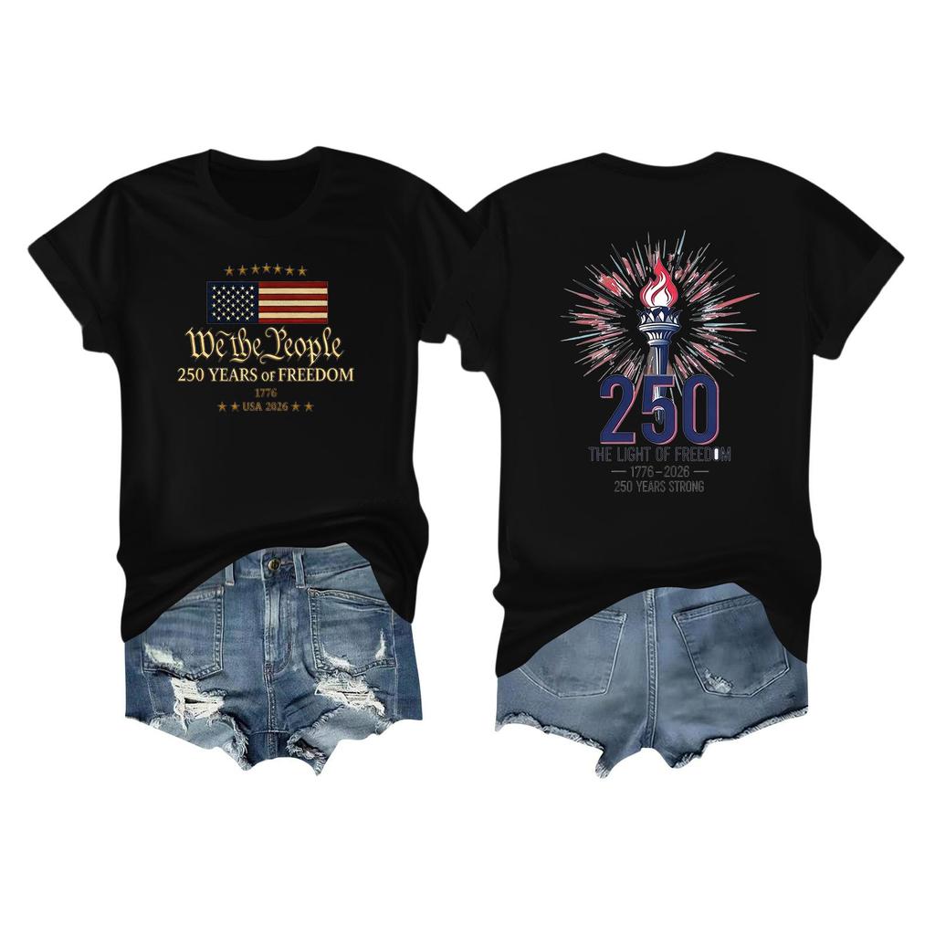 Women's Casual Independence Day 250 Anniversary Printed T-shirt Round Neck Pullover Short Sleeve Top