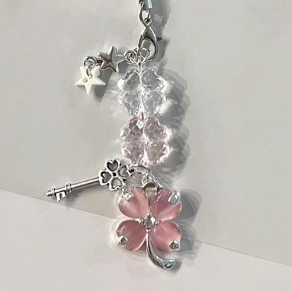 Delicate Pink Green Crystal Lucky Plant Keychain Phone Charms Pendant Cute Key Chain Phone Ornament Schoolbag Camera Hangings