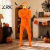 Lustiges Familienkostüm Gesicht Offen Halloween Kostüm, Unisex Ganzkörper Oranger Bodysuit mit Bart Feiertagsparty Outfit Augenbrauen für Männer Frauen, Erwachsenen