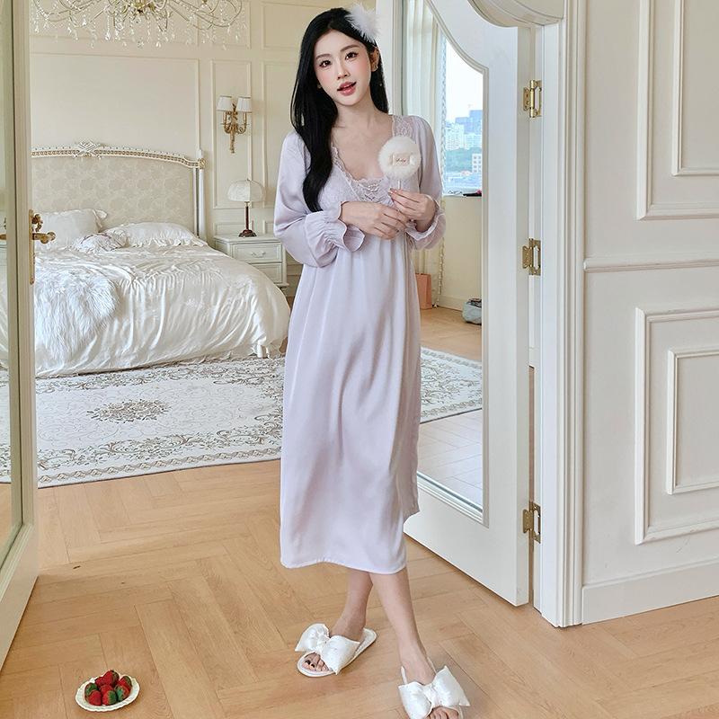 

Silkworm Weiss Sexy Nightdress Women s Spring and Autumn Ice Silk Long Sleeve Large Size Skinny Long Dress with Chest Pad Premium Home XL