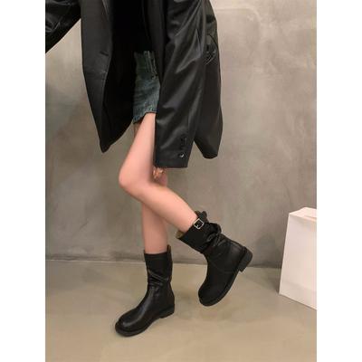 Retro Mittelstiefel mit dickem Absatz Ritterstiefel Damenschuhe 2024 neue Herbst- und Winter-Stapel-Kurzstiefel Martin-Stiefel