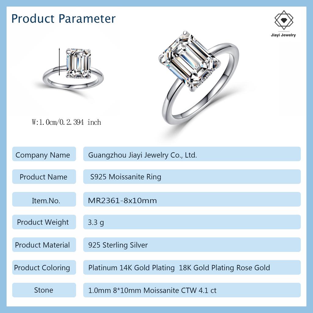 4.1 CTW Luxury Emerald Cut Solitaire Moissanite Engagement Ring S925 Silver with Hidden Stones Fine Jewelry