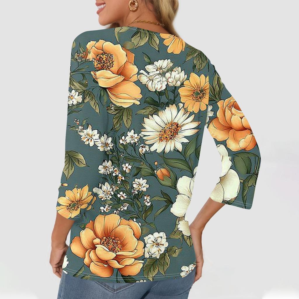 Damska modna, swobodna, kwiatowa, z dekoltem w serek, ozdobnymi guzikami, z rękawem trzy czwarte