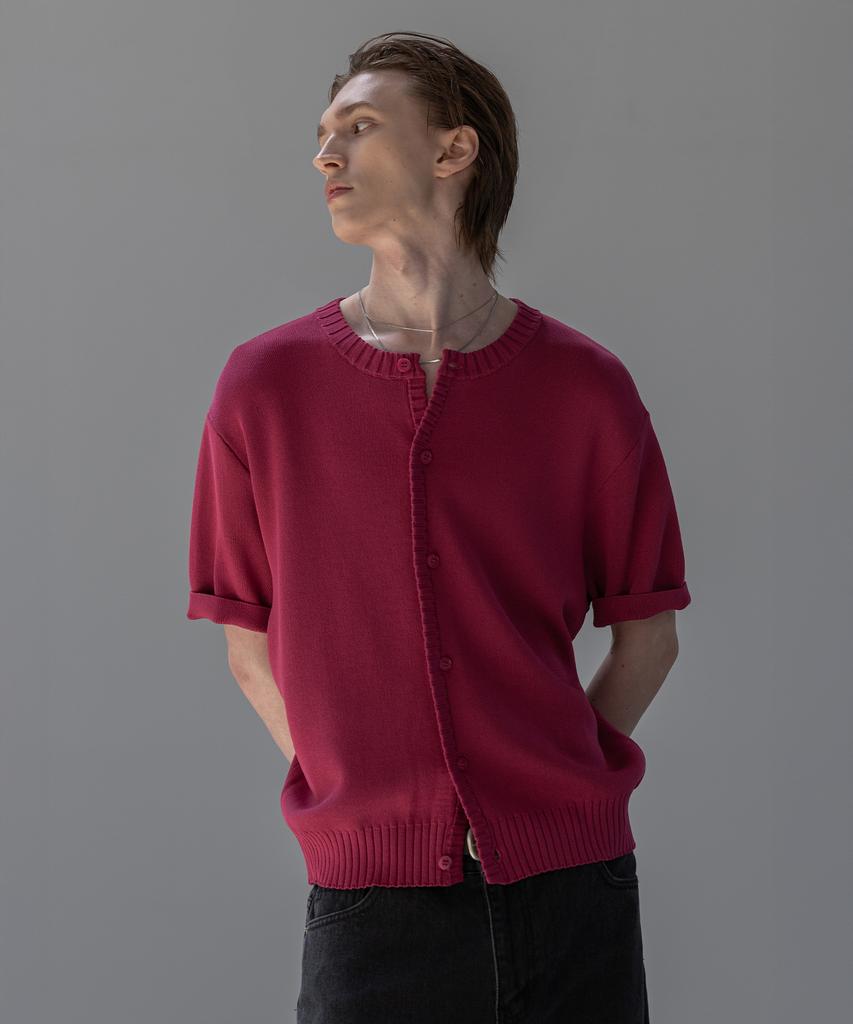 Dekkoloso Panel Rib Short Sleeve Summer Round Cardigan [Deep Pink]