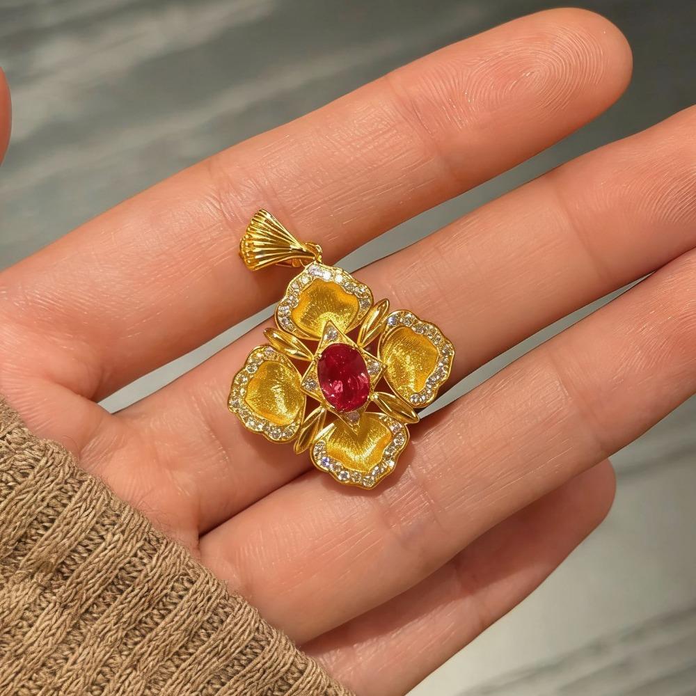 

Vintage Italian Bucheron Inspired Red Corundum Necklace with Diamond Accented Ice Cut Clover Pendant for Women