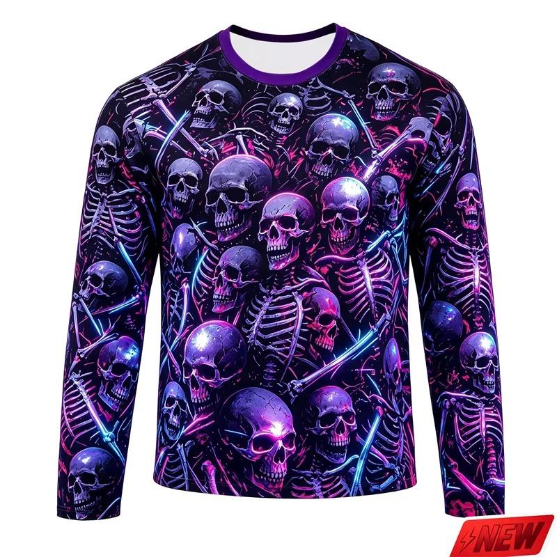 Men Gothic Full Print Skull Skeleton Long Sleeve T Shirt Halloween Punk Print Y2K Hip Hop Family Matching Casual Fitness Tops