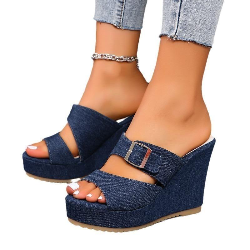 Summer new thick-soled wedge sandals cross-border foreign trade large-size fashion and leisure versatile one-word buckle sandals women